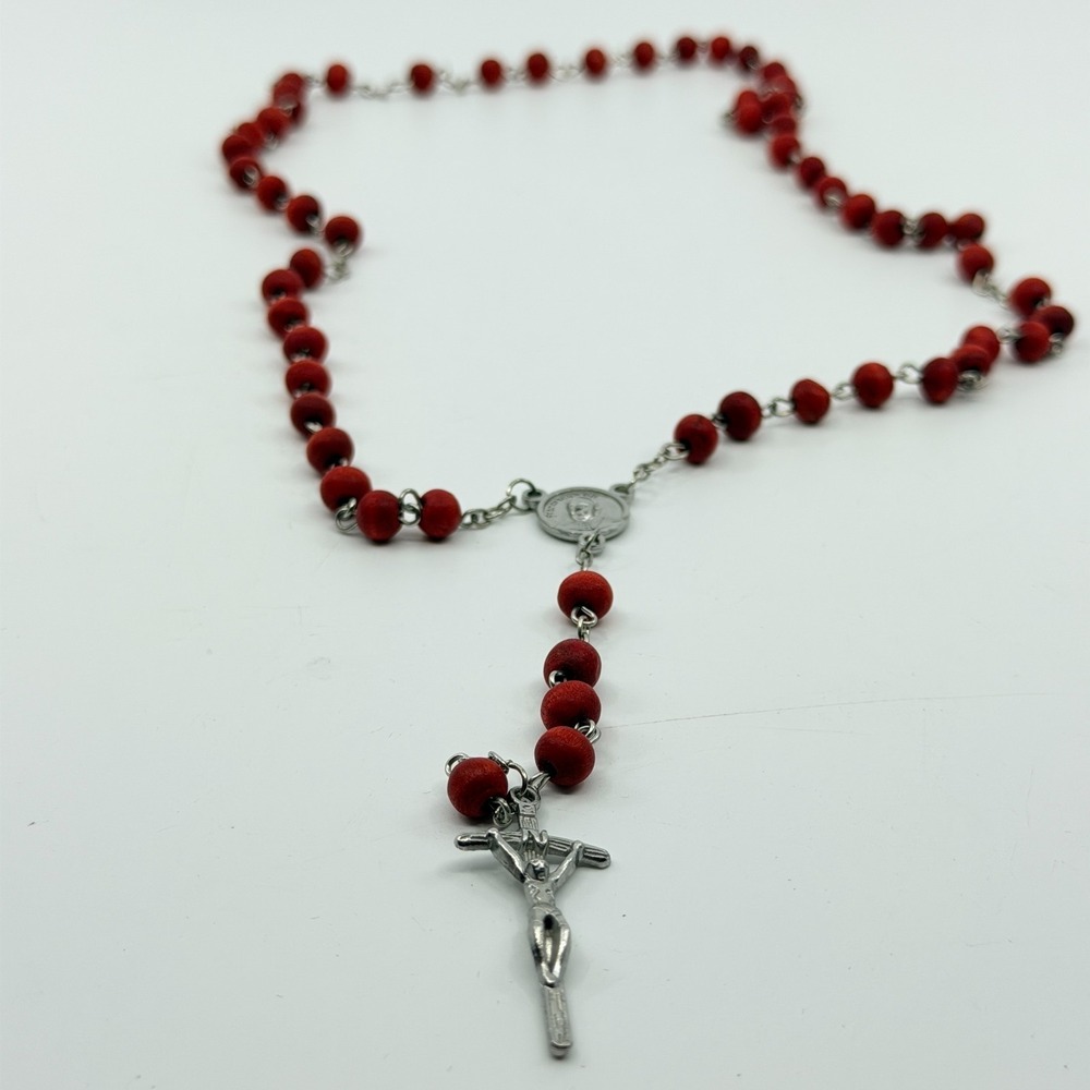 Red Wooden Bead Rosary with Pope Francis Centerpiece & Silver Tone Crucifix
